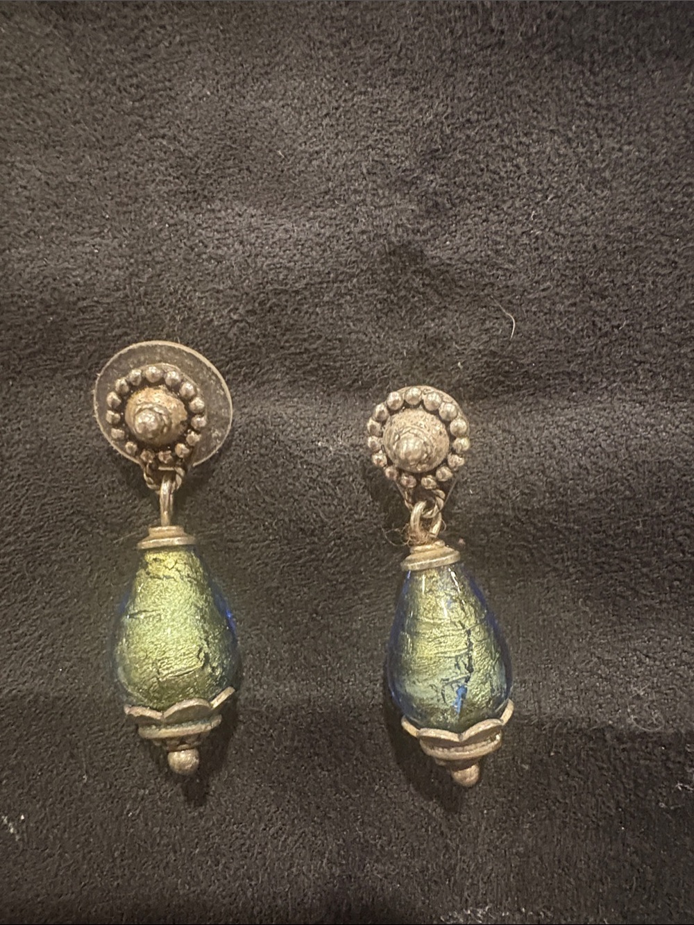 Silver Iridescent Green-Blue Teardrop Dangle Earrings